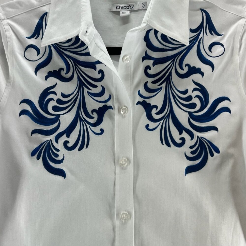 Chicos No Iron Wildflower Embroidered Shirt Womens 0 Long Sleeve Button Up White - Picture 7 of 15